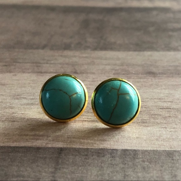 Turquoise Stone Gold 12mm Stud Earrings! - Picture 5 of 14